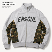 Blouson de survêtement homme coupe décontractée à col montant et fermeture éclair intégrale, motif camouflage patchwork color block, coupe courte, coupe-vent imprimé