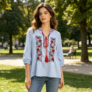 GX-2026 Nouvelle Blouse à Manches Longues à Col Rond Brodée et Perlée de <span class=keywords><strong>Style</strong></span> <span class=keywords><strong>Bohème</strong></span> pour Femmes - Product Image 1