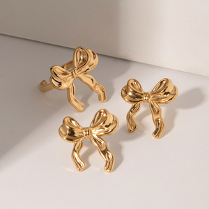 Bowknot Stud Earrings Gold Stainless Steel Fashion <b>Gift</b> Jewelry Set - Product Image 2