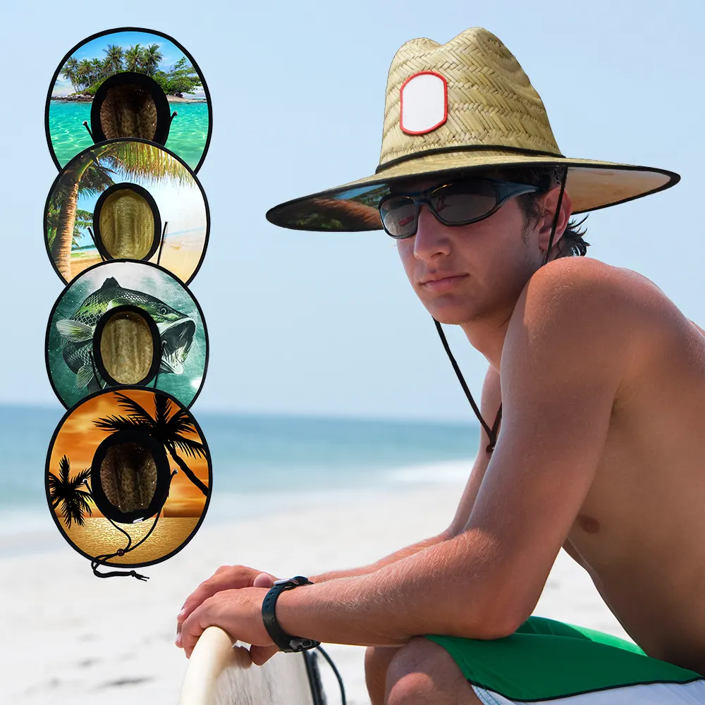 Logo personnalisé creux soleil chapeaux de paille américain grand bord surf sauveteur marque naturelle été plage femmes hommes sauveteur chapeau de paille