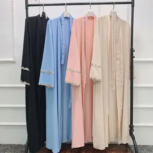 新款时尚伊斯兰服装开放式Abaya对比色迪拜闪亮蕾丝装饰伊斯兰女性服装