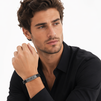 Bracelet en cuir double tressé avec fermoir magnétique en acier Damas, style bracelet en corde noire et acier forgé, mode masculine, vente en gros