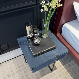 Table de chevet carrée en cuir givré bleu, style luxe simple, avec pieds en métal, design en bois, OEM ODM - Product Image 2