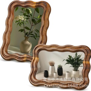 Espejo de Pared con Marco de Madera Maciza Rústica, Forma Irregular, Espejo de Maquillaje para Baño, Decoración del Hogar - Product Image 2