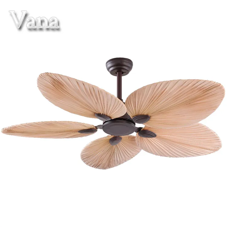 52Inch Antique Decorative Weaving Rattan Southeast Asia Palm Kwai Livistona Chinensis Blades Leaf Dual Leaves Ceiling Fan Design