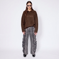 Jean DIZNEW pour homme gris foncé délavé, coupe large, longueur intégrale, avec volants 3D froncés sur le côté, couche d'armure, surpiqûres contrastées, broderie DIZNEW OEM