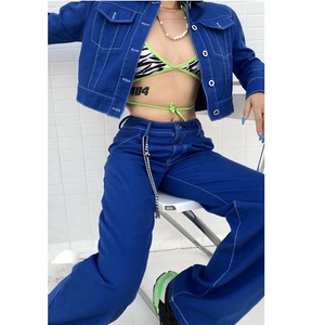 Roupa das mulheres Terno Jaqueta Jeans Duas Peças Conjunto Personalizado Mulheres Terno de Brim Das Senhoras Calças de Brim Calças - Product Image 1