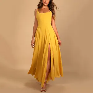 Vestido largo de cintura alta con cordones, amarillo, personalizado, venta al por mayor de fábrica