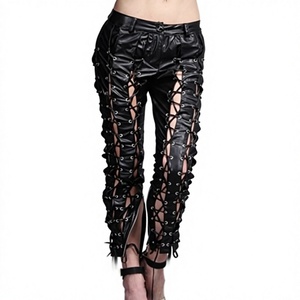 <b>Black</b> Gothic Lace-Up Hollow Out Straight Full Length Breathable Winter High Waist Women's <b>Trousers</b> - Product Image 1