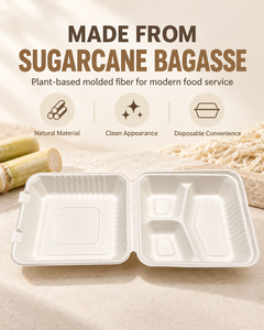 Cajas de Almuerzo Desechables de 9 Pulgadas, Hechas de Bagazo de Caña de Azúcar, 100% Biodegradables, Ecológicas, Compostables, con Tapa Abatible, Certificadas - Product Image 5