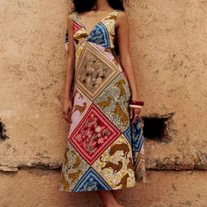 Robe midi bohème pour femmes, patchwork coloré, imprimé léopard floral, col en V, sans manches, fluide, décontractée, vacances d'été - Product Image 1