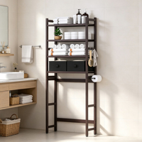 Étagère de rangement au-dessus des toilettes avec 2 paniers, organisateur en bambou à 4 niveaux avec porte-papier, 4 crochets, étagère autoportante pour salle de bain