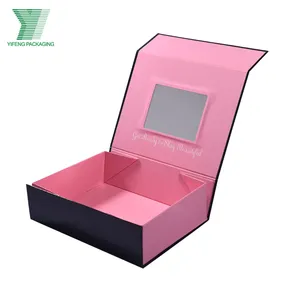 Customized luxury foldable wig gift box with mirror cosmetic packaging precious wig styling save shipping folding paper boxes