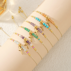 New Boho Fashion Jewelry 18k Gold Plated Stainless Steel Cross Charm Natural Stone Beads Adjustable <b>Beaded</b> <b>Bracelet</b> for Women - Product Image 2