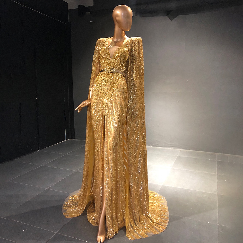 Jancember SZ568 robe de soirée de luxe à manches longues perles sirène robes de bal en cristal avec châle