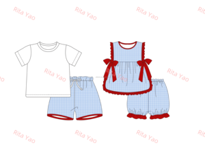 Conjunto de Ropa a Juego para Hermanos para el 4 de Julio, Conjunto de Pantalones Cortos de Burbuja Azul a Cuadros para Bebé Niño y Niña con Monograma, Vestido con Lazo Lateral para Niña - Product Image 3