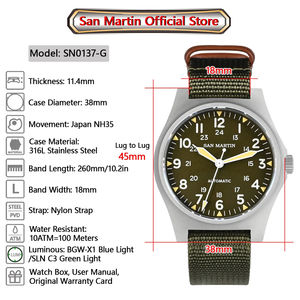 ساعة San Martin SN0137 <span class=keywords><strong>Pilot</strong></span> 38 42 NH35 ساعة معصم ميكانيكية أوتوماتيكية عتيقة حالة منفوشة ضد الماء - Product Image 6