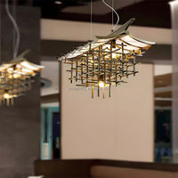 Grand lustre personnalisé à LED en bois pour le hall d'hôtel Lampe en rotin au design unique et moderne en cristal Décoration de chambre
