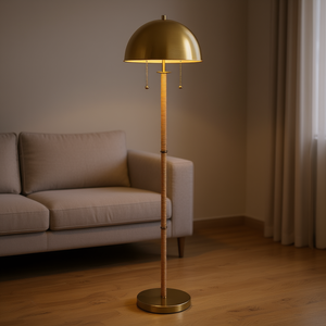 Lampadaire Allure en laiton doré avec abat-jour en rotin, 2 lumières, chaîne de tirage, éclairage intérieur moderne, grande taille - Product Image 2