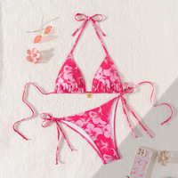 Set Bikini dua potong wanita, tali dapat diatur desain sempit tidak tipis kontras ikat pinggang musim panas klasik