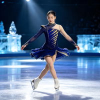 Costume de patinage artistique bleu marine et or, col montant, manches longues en maille, dos ouvert, jupe à strass pour filles et enfants, danse sur glace