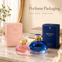 Flacon de parfum en verre transparent avec col doré et emballage assorti