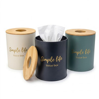 Boîte à mouchoirs ronde en métal de style nordique avec couvercle en bambou, distributeur de serviettes cylindrique pour l'organisation du bureau et de la maison