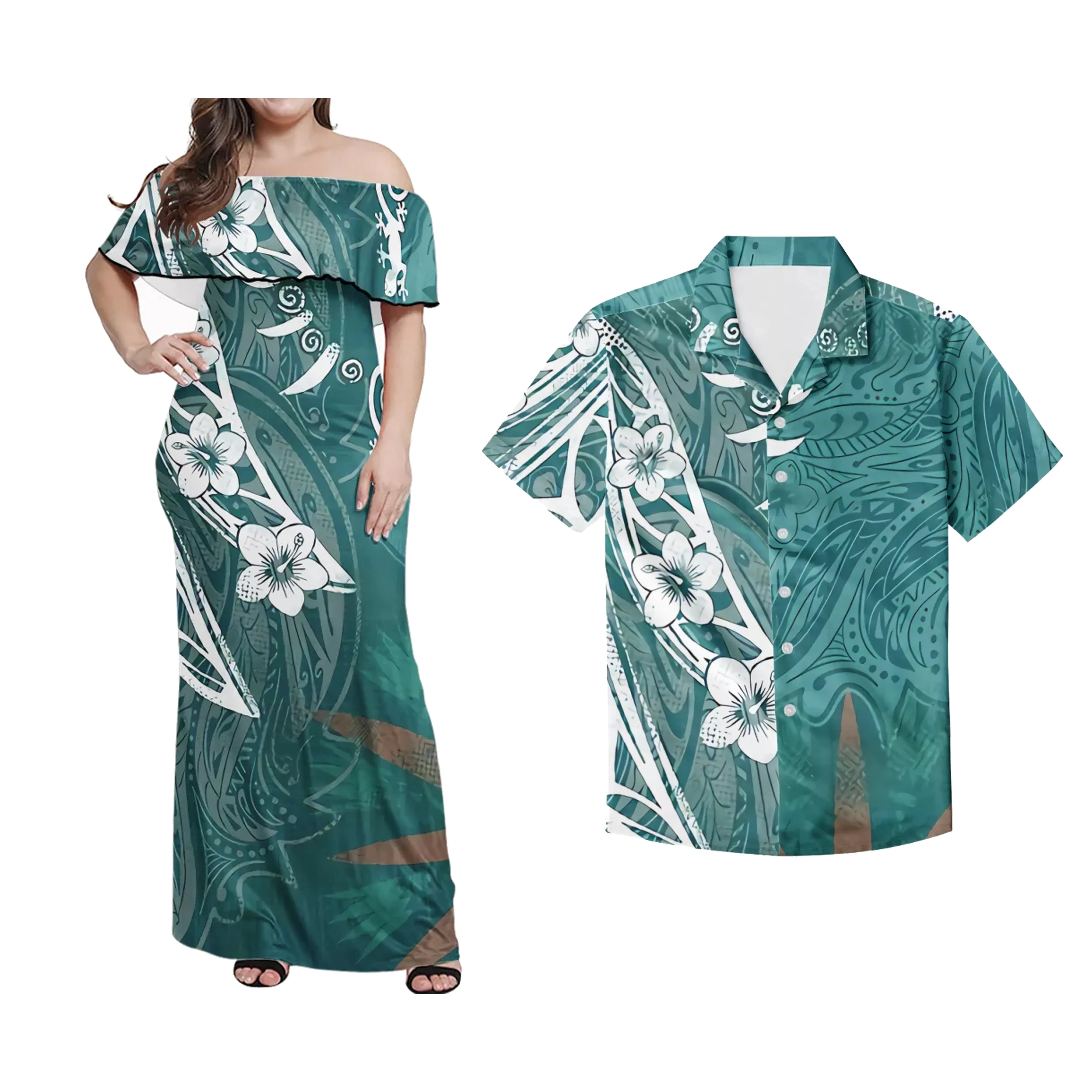Turquoise SIA Plumeria Pattern Clothing Custom Polynesian Tribal Design Puletasi Clothes Sets Casual Couples Dress and Shirts
