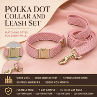 Collier pour chien personnalisé en polyester rose poudré à pois avec boucle métallique et laisse longue assortie pour l'habillage quotidien de votre animal de compagnie