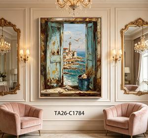 Tableau mural vue sur fenêtre de la côte, impression sur toile de ville balnéaire méditerranéenne vintage, volets bleus rustiques - Product Image 2
