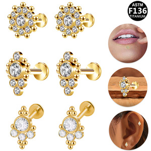 Boucles d'oreilles clous en titane G23, bijoux piercing en cristal doré pour lèvre, oreille, nez, corps, titane ASTM F136 - Product Image 1