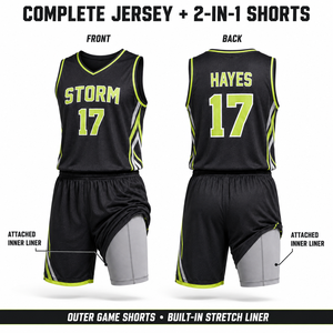 Ensemble d'uniformes de basketball personnalisés 2-en-1 : Maillot et short avec doublure de compression intégrée – Fournisseur de tenues d'équipe personnalisées - Product Image 2