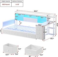 Lit d'angle double avec 7 tiroirs, bureau, bibliothèque, rangement, plateforme moderne en velours, station de charge, lumières RGB, pour chambre d'enfant