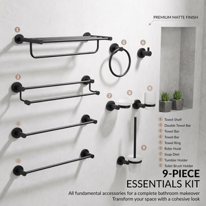 Set di Accessori <span class=keywords><strong>da</strong></span> Bagno a <span class=keywords><strong>Parete</strong></span> in Acciaio Inossidabile Nero Opaco <span class=keywords><strong>da</strong></span> 9 Pezzi con Portasciugamani, Anelli, Ganci e Scopino per WC - Product Image 1