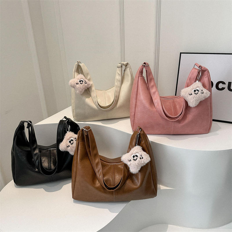 Tas selempang kulit imitasi polos wanita, tas tangan Tote elegan kapasitas  besar, tas dompet besar kulit sintetis untuk wanita