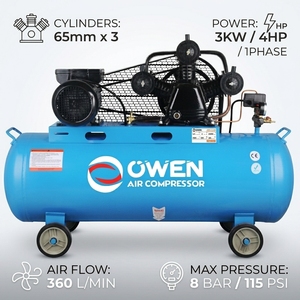 Pompe à air industrielle monophasée homologuée CE GS, 4HP 3kW, entraînement par courroie, cylindre 65mm*3, 8 bars, 360L/min, W-0.36 - Product Image 1