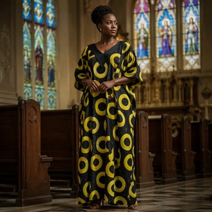 Robe longue décontractée d'été pour <span class=keywords><strong>femme</strong></span>, style <span class=keywords><strong>boubou</strong></span> kaftan, imprimé africain Ankara, col en V, coupe ample, avec écharpe – Collection 2026 (vente en gros) - Product Image 4