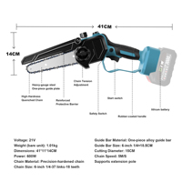 Scie à chaîne industrielle portative sans fil DTWA2-0047, moteur brushless 600W, guide-chaîne 6 pouces pour la coupe du bois et les travaux de jardinage, OEM