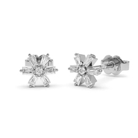 Boucles d'oreilles Milskye Classic Beautiful Fine Jewelry en argent 925 et or 14 carats, mini fleurs, baguette, zircon, pour femmes