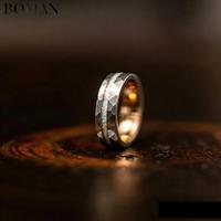 6mm Breiter Wolframstahlring mit Gehämmertem Muster und Roségold-Beschichtung, Eingelegt mit Opalfragmenten, Wolfram-Paarringe