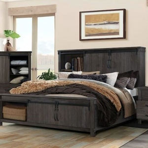 Mesa de Noche Rústica Gris Oscuro con 3 Cajones y Espacio Abierto para Dormitorio - Product Image 1