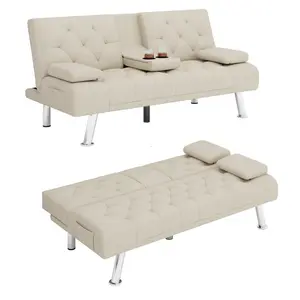 Sofá cama plegable de tela de terciopelo con portavasos, convertible, futón, directo de fábrica