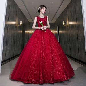 Red Sequin Evening Gown Women Formal Dress Stage Performance Tutu Skirt Claret Polyester Fiber - Product Image 3
