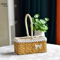 Keranjang Penyimpanan Bunga Anyaman Rotan Alami Buatan Tangan Aierflorist dengan Pegangan Bentuk Bulat/Oval, Wadah Pot Tanaman Hijau