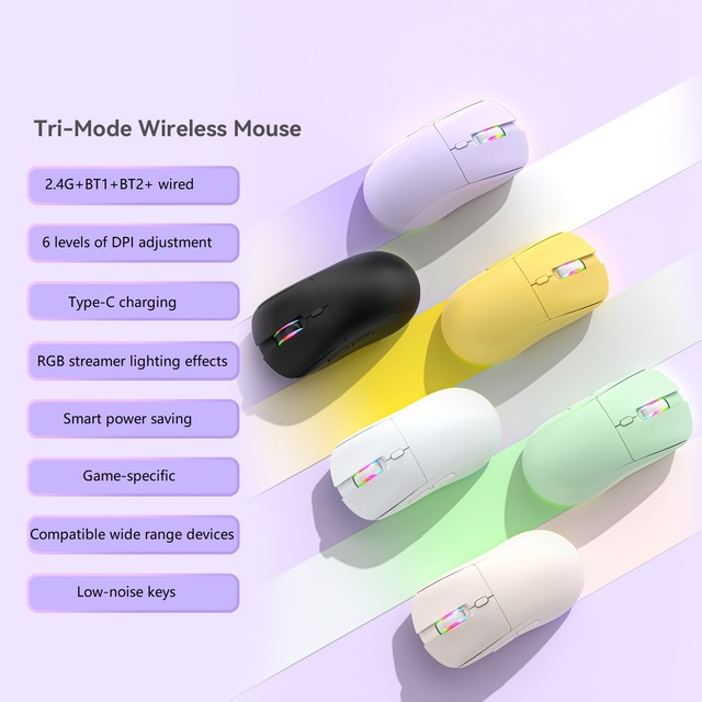 RGB Tri-Mode Wireless Mouse Light Weight 6 Levels of DPI Adjustment Low-Noise Keys Macro Game-Specific Mouse for Win/Xbox/PS/Mac