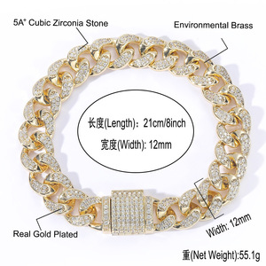 Dây chuyền nam chất lượng cao RQ, mặt đá CZ 12mm, chất liệu đồng thau dày, kiểu dáng Cuban Link, trang sức Hip Hop, mạ vàng <span class=keywords><strong>14k</strong></span> nguyên chất. - Product Image 6