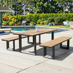 Offre Spéciale ensemble de salle à manger d'extérieur au design moderne <span class=keywords><strong>table</strong></span> <span class=keywords><strong>composite</strong></span> en bois plastique bancs à cadre en métal pour hôtels restaurants villas - Product Image 3