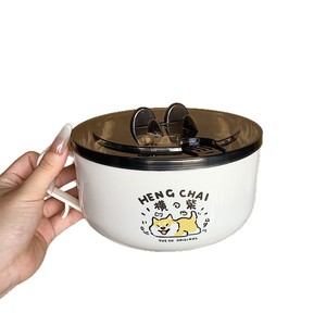 Tazón de fideos de acero inoxidable Heng Chai con tapa, tamaño grande, diseño de dibujos animados, para viajes y uso en dormitorios. - Product Image 2