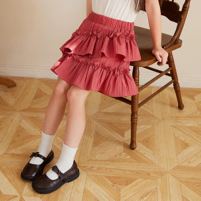 2025 New Fashion Teenager Girl Ruffle A-line Red White Skirt for
