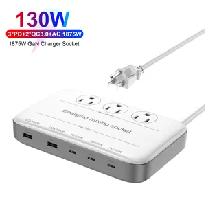 Pengisi daya Cepat USB 130W, papan ekstensi elektrik Strip daya US untuk Macbook, pengisi daya Cepat colokan USB 1875W 3 outlet dengan 3C2A PD